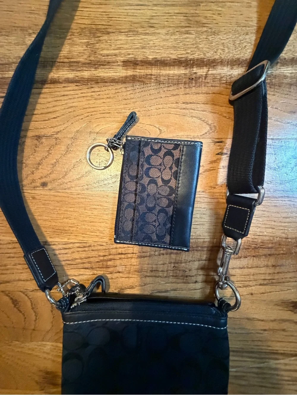 Coach Black Signature Crossbody Pouch with Leather Stripe